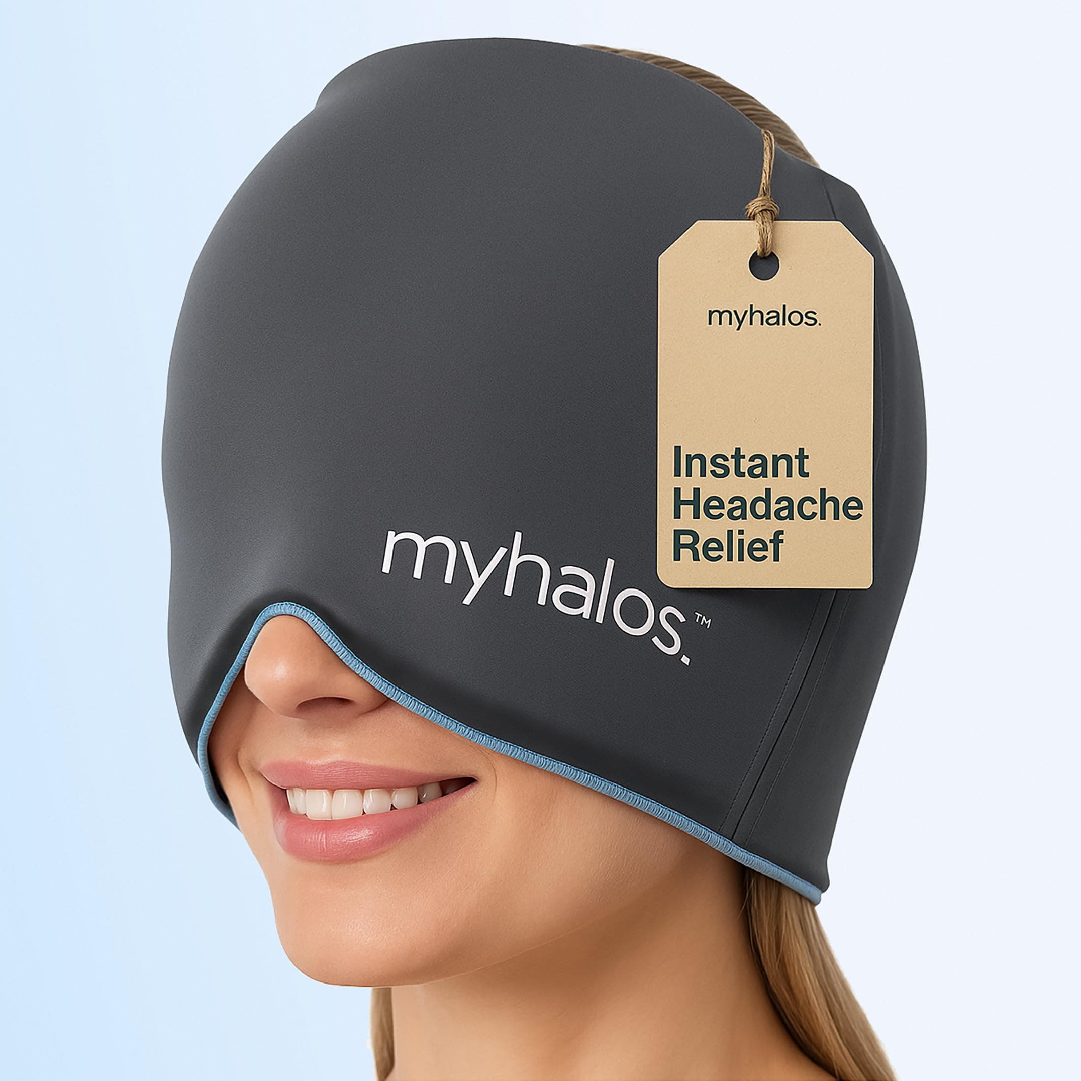 MyHalos® Migraine Relief Cap - Wearable Ice Pack Cold Wrap Hat -Reusable Cold Therapy Headache Cap & Migraine Cap, for Tension Headache Relief & Sinus Pressure - Form-Fitting Head Compress (Gray)