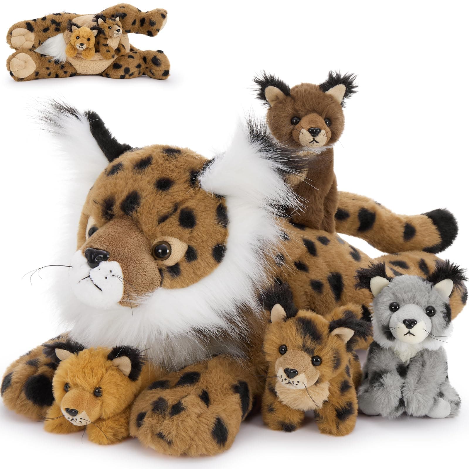 Muiteiur 5 Piece Lynx Stuffed Animals, Soft Bobcat Stuffed Animals with Babies,18-inch Plush Toy for Kids Girls Boys, Fun Gift for Birthday Children Day