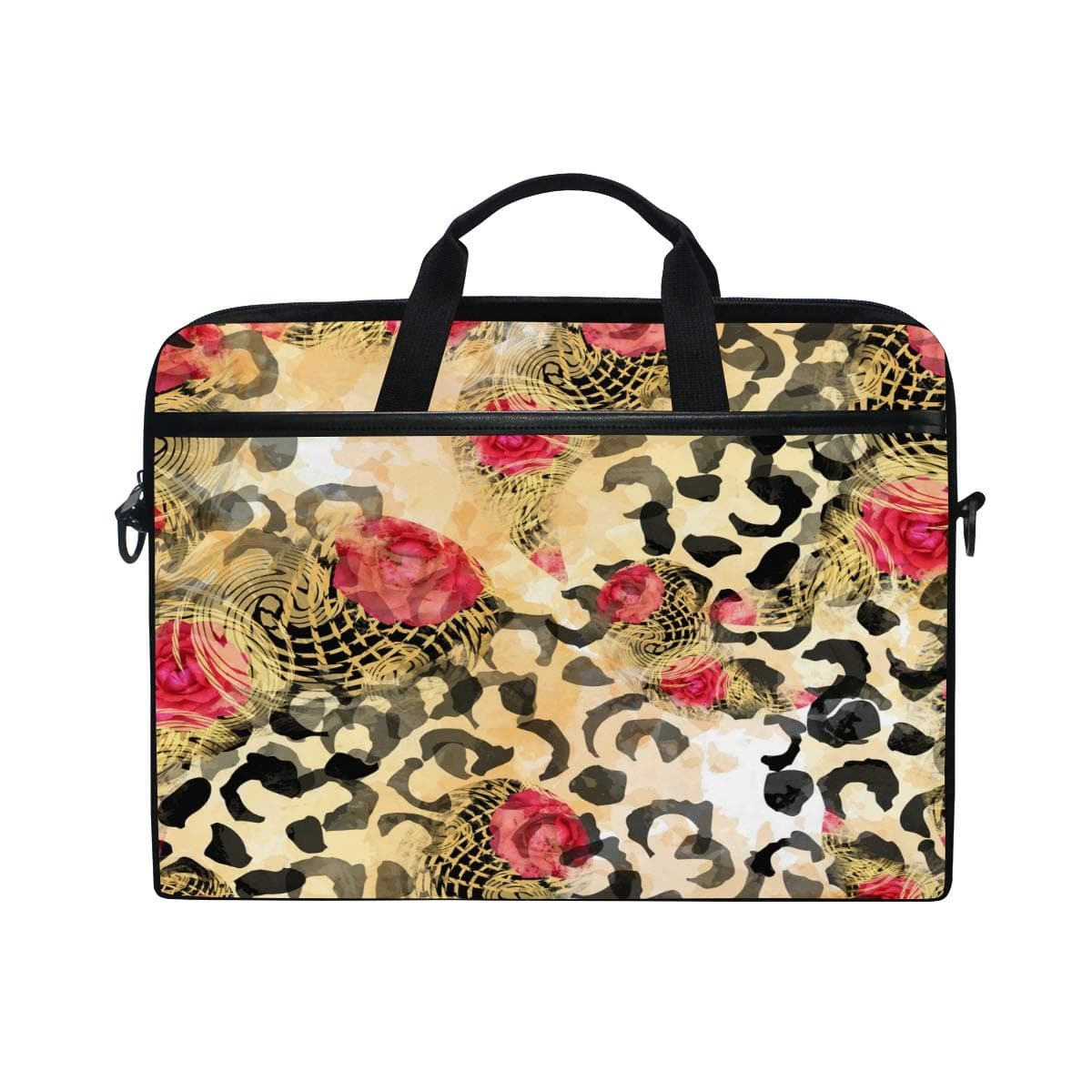 QMIN Laptop Bag Case Leopard Animal Print Rose Flower Computer Sleeve Zip Messenger Bag with Shoulder Strap for 14-14.5 inch Computer