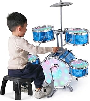 Kids Drum Set for Toddlers with 5 High Drums & Lights (Vibrating-Controlled) & Alloy, Drum Kit Musical Instruments Toys Boys Jazz Drum for Aged 1-3 3-5