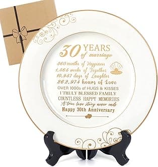 30th Anniversary Wedding Gifts for Wife-30th Anniversaty Plate with 24k Gold Foil,30 Year Aniversary Wedding Gifts Decorations for Couple Him Her Husband,Ceramic Plate with Stand 9 Inch