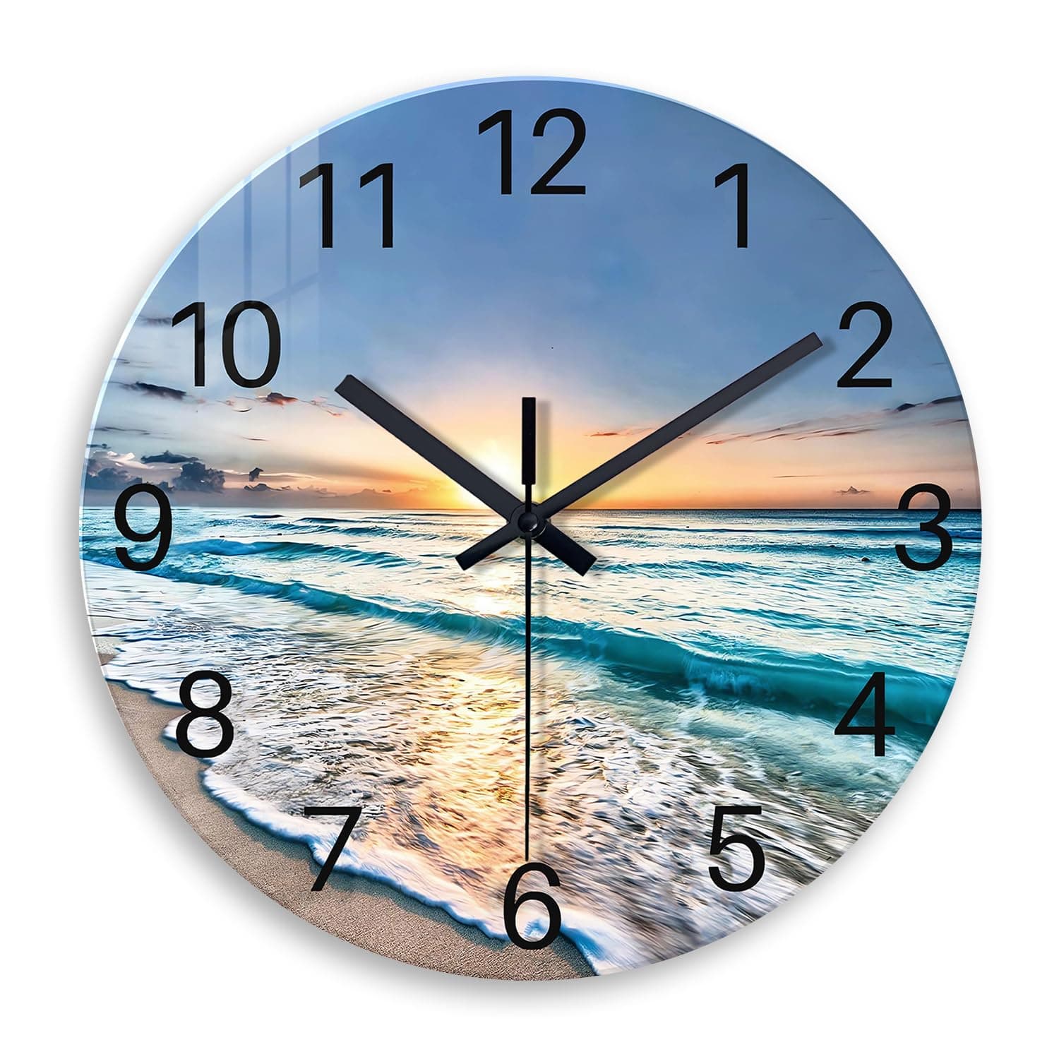 Blue Beach Wall Clock for Bathroom - Glass Wall Clocks Battery Operated 12 Inch - Analog Silent Wall Clock for Living Room Kitchen Office