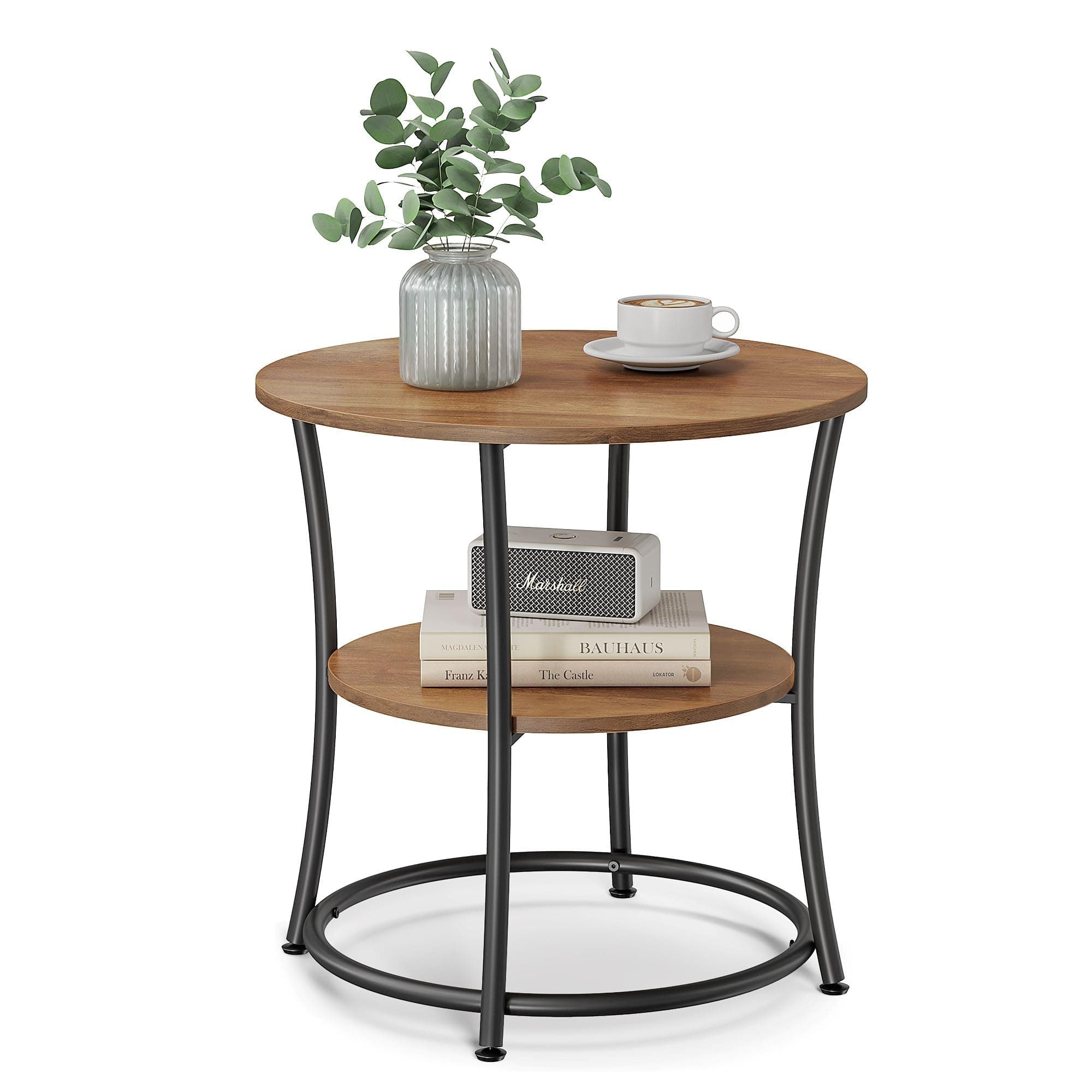 VASAGLE Side Table, 2-Tier Round End Table, Nightstand with Steel Frame for Small Spaces, Living Room, Bedroom, Honey Brown and Ink Black