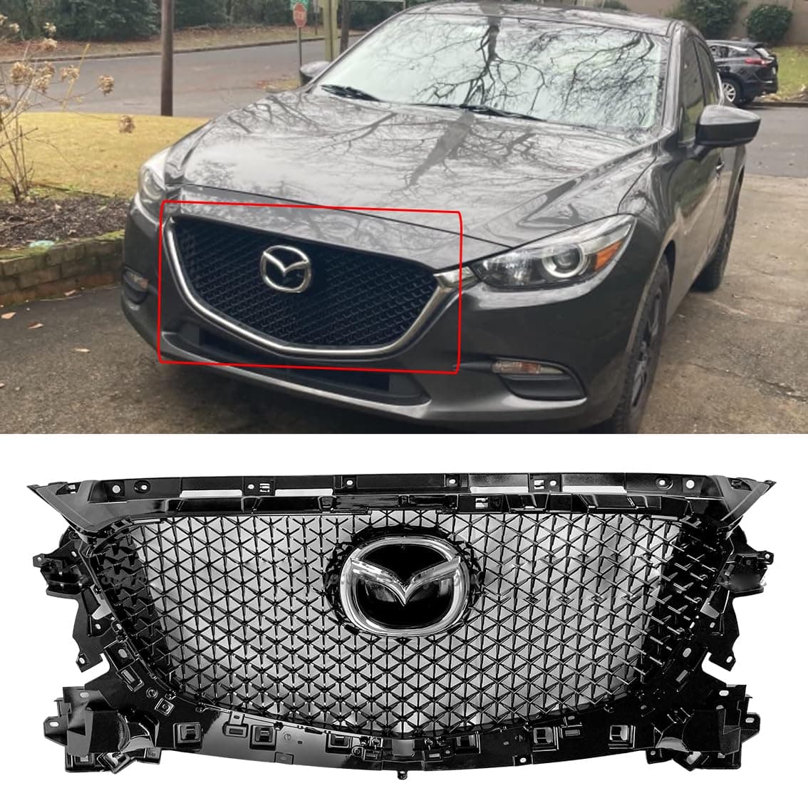 FITS 2017-2018 MAZDA 3 GLOSSY BLACK HONEYCOMB FRONT GRILL REPLACEMENT W/ EMBLEM