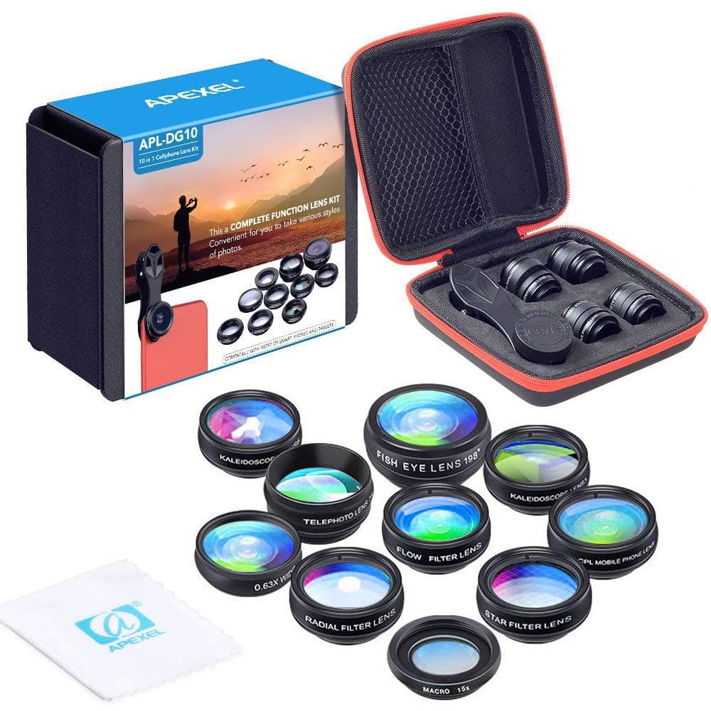 – 10 in 1 Phone Camera lens kit Wide Angle lens, Macro lens, Fisheye lens, Telephoto lens, Kaleidoscope 3/6 lens CPL/Flow/Star/Radial Filter Clip-on Phone for iPhone Samsung Most of Smartphone
