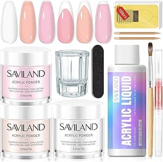 SAVILAND Acrylic Nail Kit for Beginners: Clear Nudes Pink Acrylic Powder and Liquid Set with #12 Acrylic Nail Brush Cuticle Oil Pen Forms Tools Extension Nail Kit with Everything Home DIY