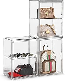 Purse Storage Organizer for Closet 3 Packs Clear Handbag Storage Organizer Acrylic Display Case with Adjustable Divider for Collectibles, Stackable Bag Organizer for Wallet, Figure, XXX-Large