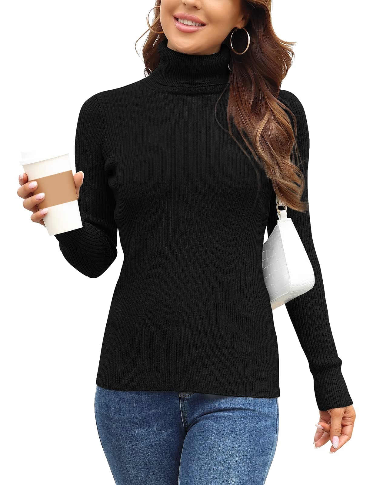 Women's Ribbed Turtleneck Sweater Long Sleeve Knitted Solid Pullover