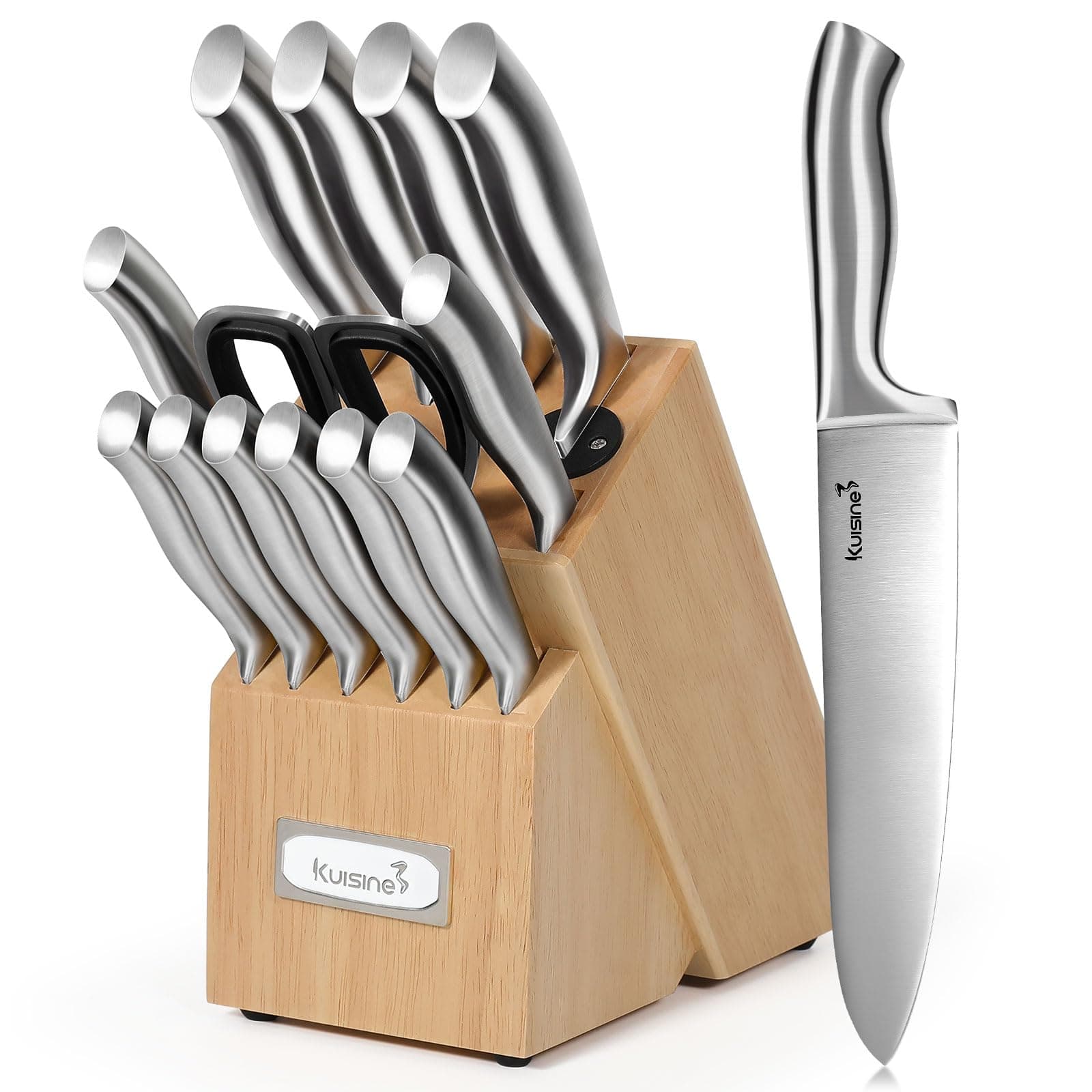 Kuisine Premium Sharp Knife Set,Carbon Steel Knife Set Forged,Ergonomic Handle Knife Block Set,Kitchen Block Knife Set,Chef Knife Set Built-in Sharpener(Silver Pro, 15PCS)