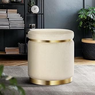 Ottoman Round Velvet Seating Stool - Lounge Footstool, Pouf, Dressing Vanity Seat for Bedroom, Hallway, Office, Living Room - Home Decor Furniture (Cream)