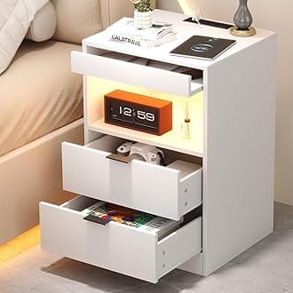 Night Stand, Bedside Table, LED Nightstand with Charging Station, Modern Night Stand, Wood Sofa Couch End Side Table with 2 Pull-Out Shelf, White