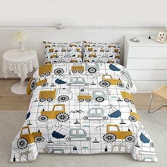 Feelyou Construction Comforter Set Queen Size Kids Excavator Tractor Toddler Comforter Cartoon Car Equipment Trucks Plaid Grid Comforter Set Construction Vehicles White Yellow Duvet Set