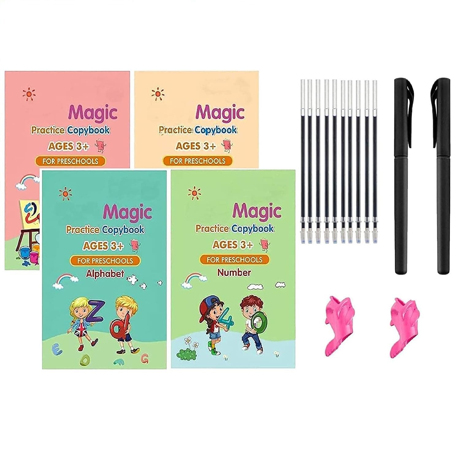 Pack of 2 Sank Magic Reusable Practice Copybook (8 BOOK + 20 REFILL+ 2 Pen +2 Grip) Number Tracing Book for Preschoolers with Pen Magic Calligraphy Copybook Set Practical