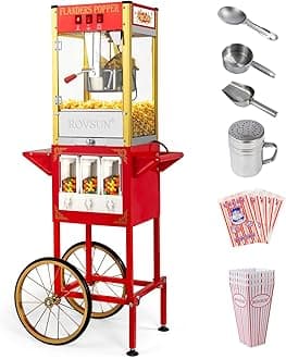 Popcorn Machine Cart with Candy Dispenser, 8 Oz Kettle Makes Up to 32 Cups ETL, Popcorn Maker w/Scoop, Oil Spoon, Bags & Cups, Movie Theater Style Popper for Commercial Home Party, Red