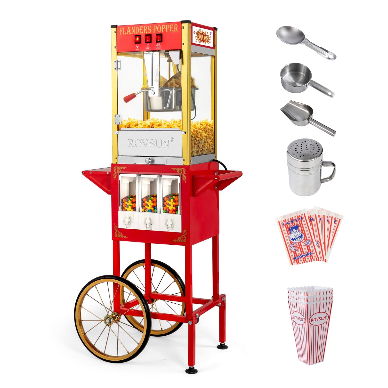 Popcorn Machine Cart with Candy Dispenser, 8 Oz Kettle Makes Up to 32 Cups ETL, Popcorn Maker w/Scoop, Oil Spoon, Bags & Cups, Movie Theater Style Popper for Commercial Home Party, Red