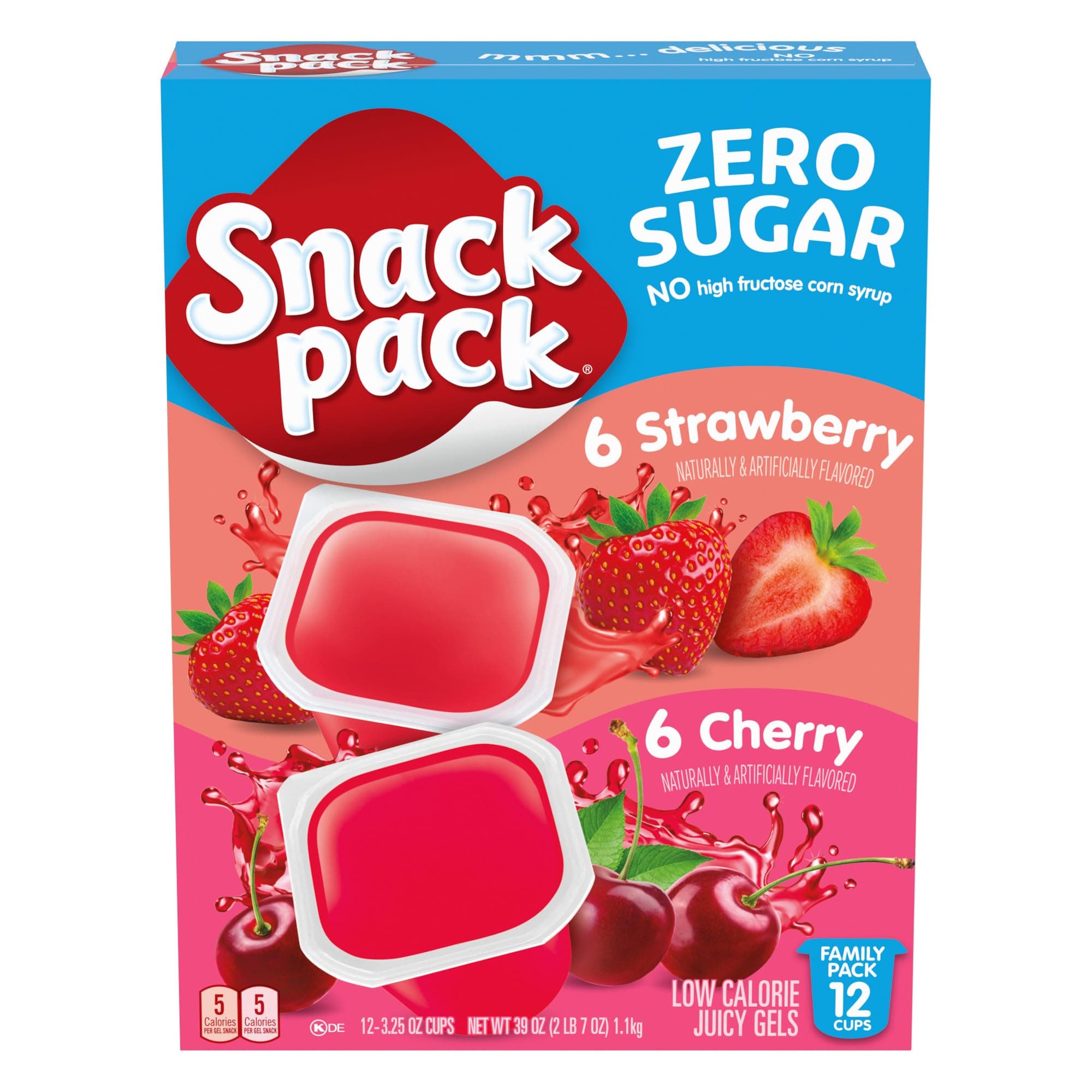 Snack Pack Sugar Free Strawberry & Cherry Flavour Low Calorie Juicy Gels Family Pack 3.2oz (92ml) (Pack of 12)