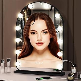Hollywood Arch Black Vanity Makeup Mirror with Lights 12 Bulbs Dimmable 3Color Black Lighted Vanity Mirror for TableTop Wall Detachable Base X10 Magnifying Arch Makeup Desk Mirror with Lights