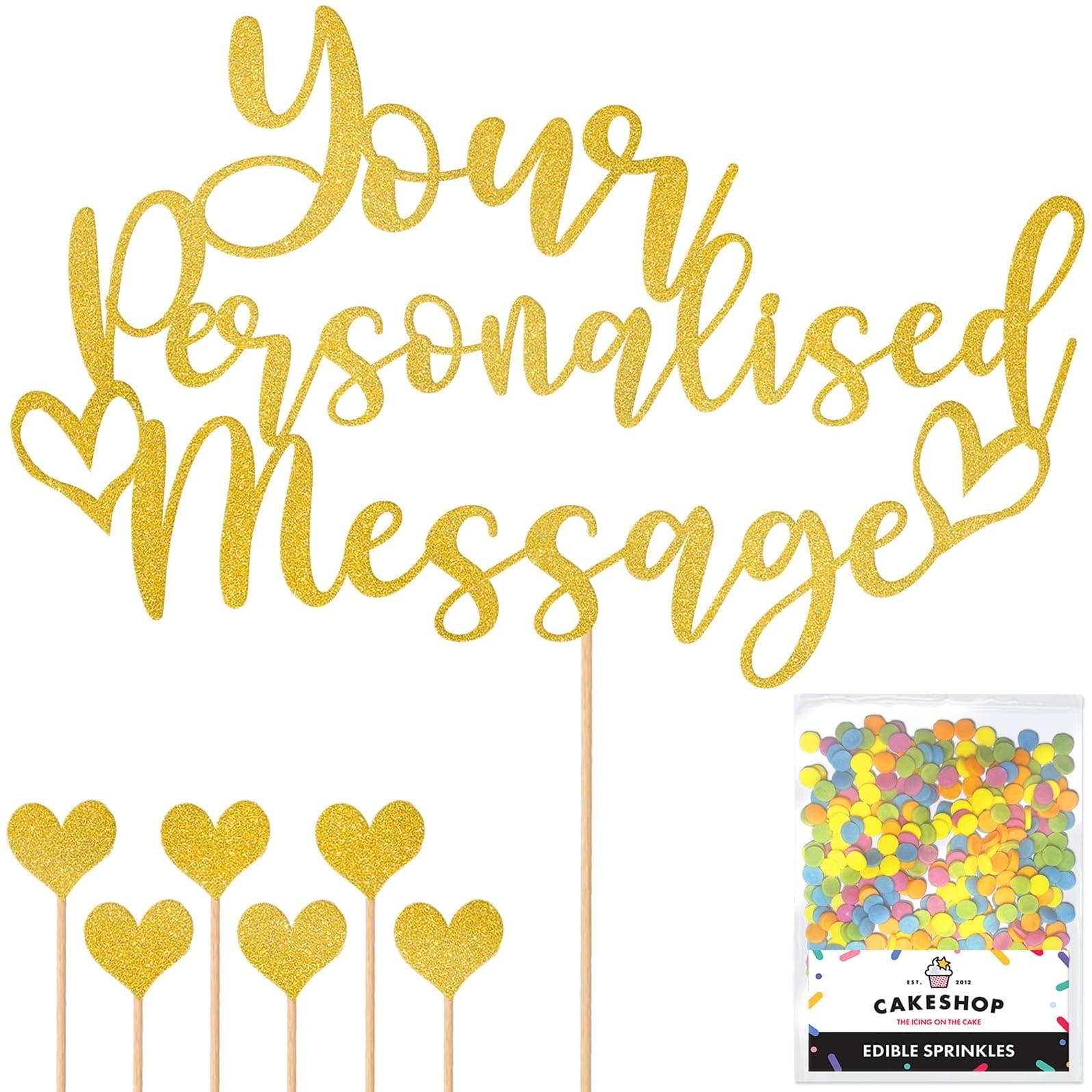 Personalised Any Message Cake Topper - Gold Custom Birthday & Celebration Decoration - Double-Sided Glitter with Edible Sprinkles Included | Cakeshop