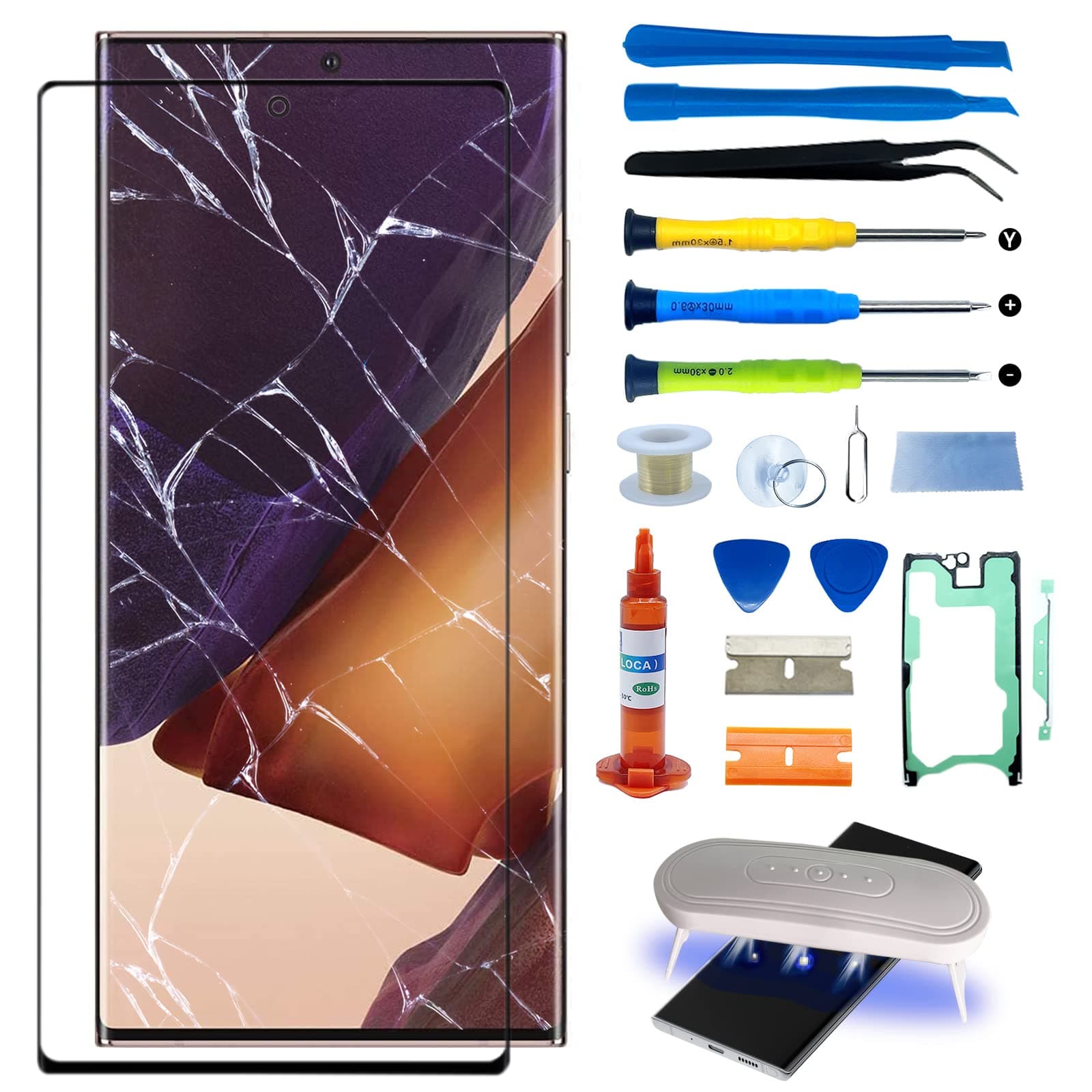 Original Samsung Galaxy Note 20 Front Glass Repair Kit Screen Replacement 6.7 inch Outer Screen Glass incl Waterpoof Frame Adhesive,Repair Glue and Lamp Tool Kit(No Digitizer,No LCD) N9810 Series