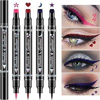 Erinde 4Pcs Double-headed Liquid Eyeliner Stamp Pen Set, Blue Red Pink Purple, Colored Liquid Eyeliner Colorful Eye Liners for Women, Waterproof Long-Lasting Tattoo Makeup, Star, Moon, Heart, Christmas Makeup