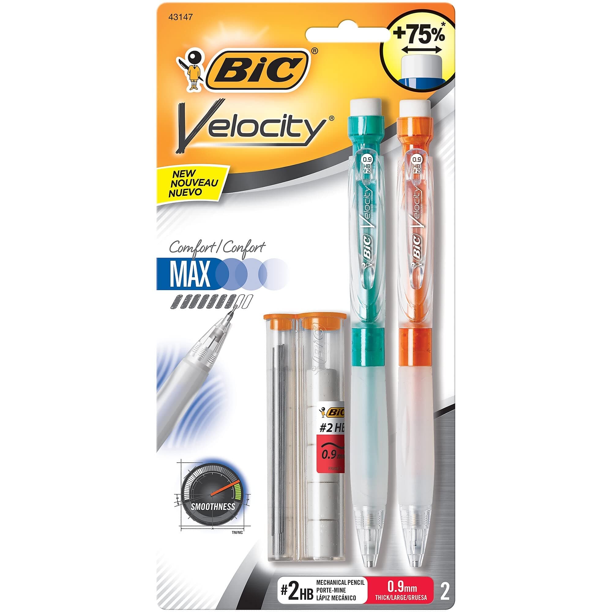 BIC Velocity Max Mechanical Pencils, With Colorful Barrel, Medium Point (0.7mm), 2-Count Pack Mechanical Pencils With Erasers and Lead Refills