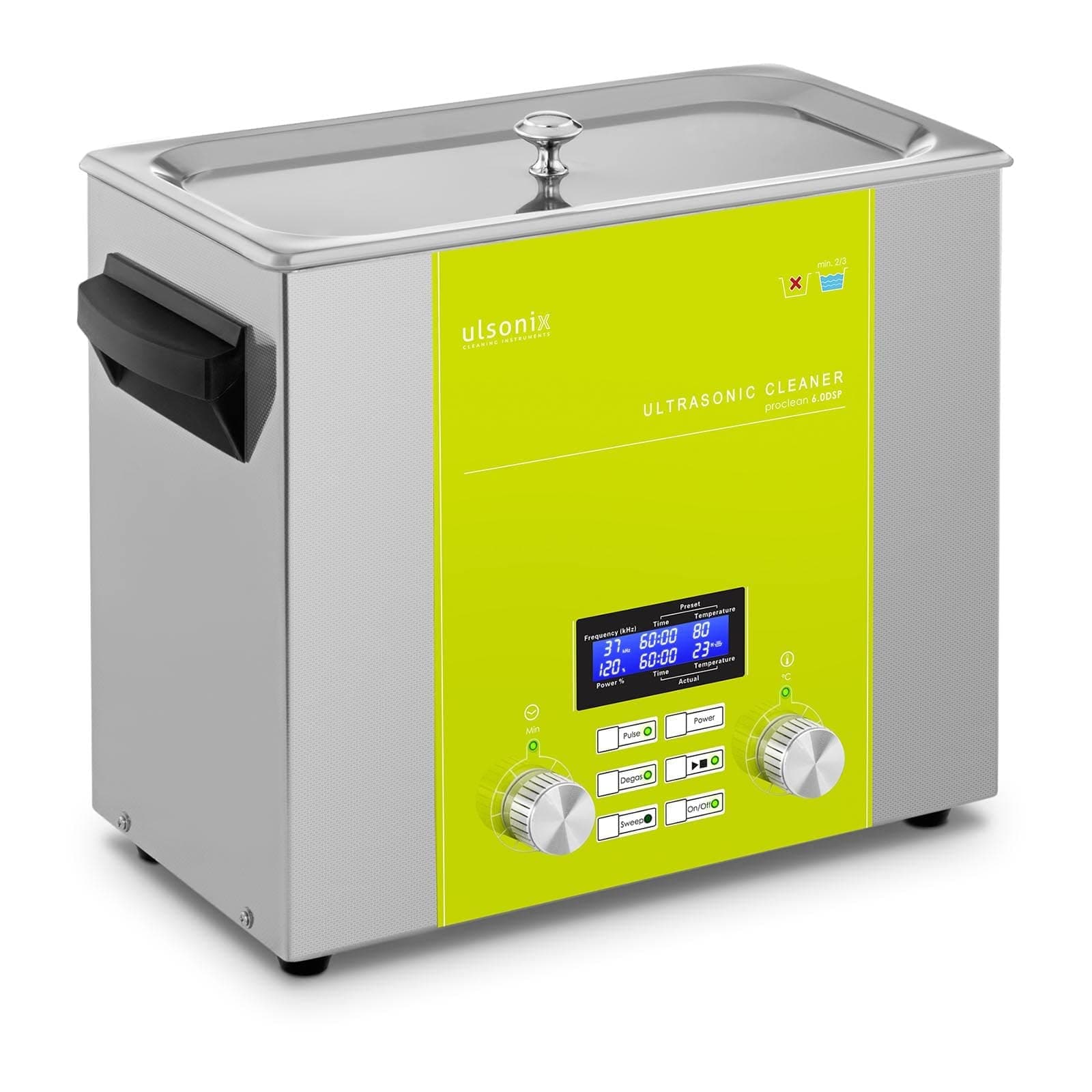 UlsonixIndustrial Ultrasonic Cleaner Degas Sweep Pulse Function Ultrasonic Bath 6L 240W PROCLEAN 6.0DSP (Stainless Steel, 37kHz, 3 Transducers, 0-80°C)