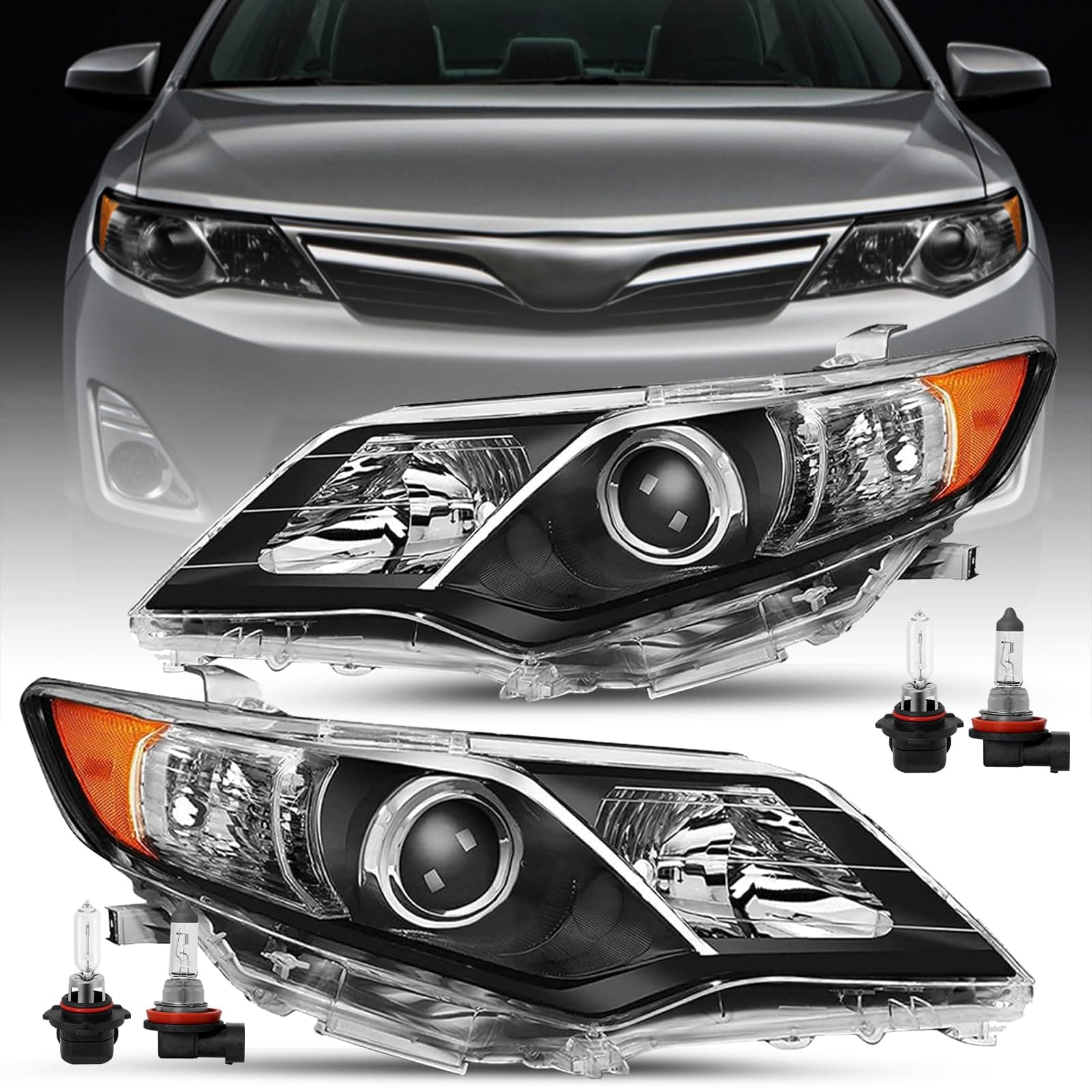 Headlight Assembly Fits For 2012 2013 2014 Toyota Camry L/Le/Xle/Hybrid/SE Driver and Passenger Side (Black Housing with Amber Reflector) w/Halogen Bulbs