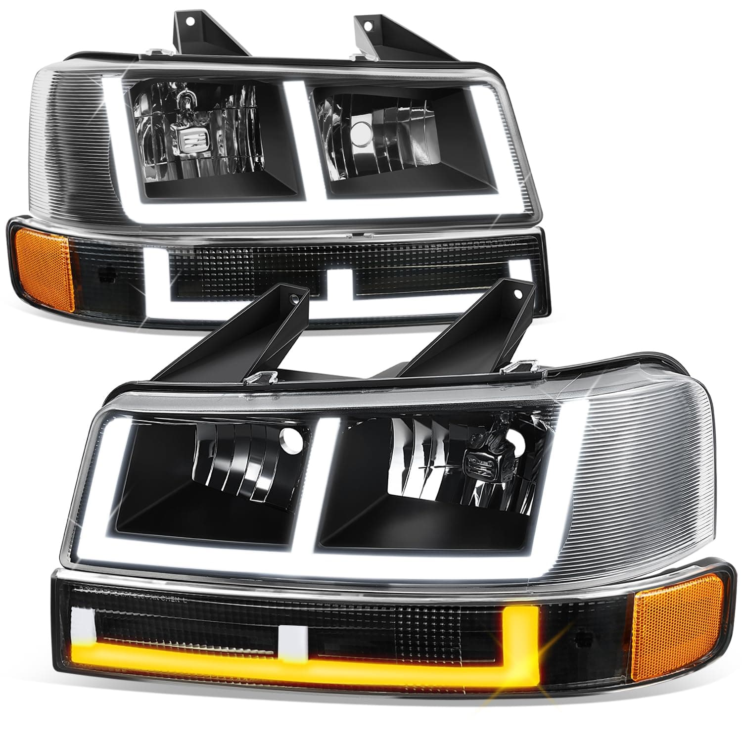 Auto Dynasty Headlights Assembly and Bumper Lamps Compatible with 2003-2024 Chevy Express GMC Savana 1500-4500, with Switchback E-LED DRL Running lights, Driver and Passenger Side, Black Housing