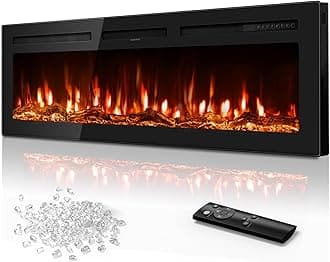 Tehanld 60 Inch Electric Fireplace in-Wall Recessed and Wall Mounted, Ultra-Thin Linear Fireplace Heater 750/1500W with Realistic Flame, Higher Temperatures & Lower Noise, Log Set & Crystal Options