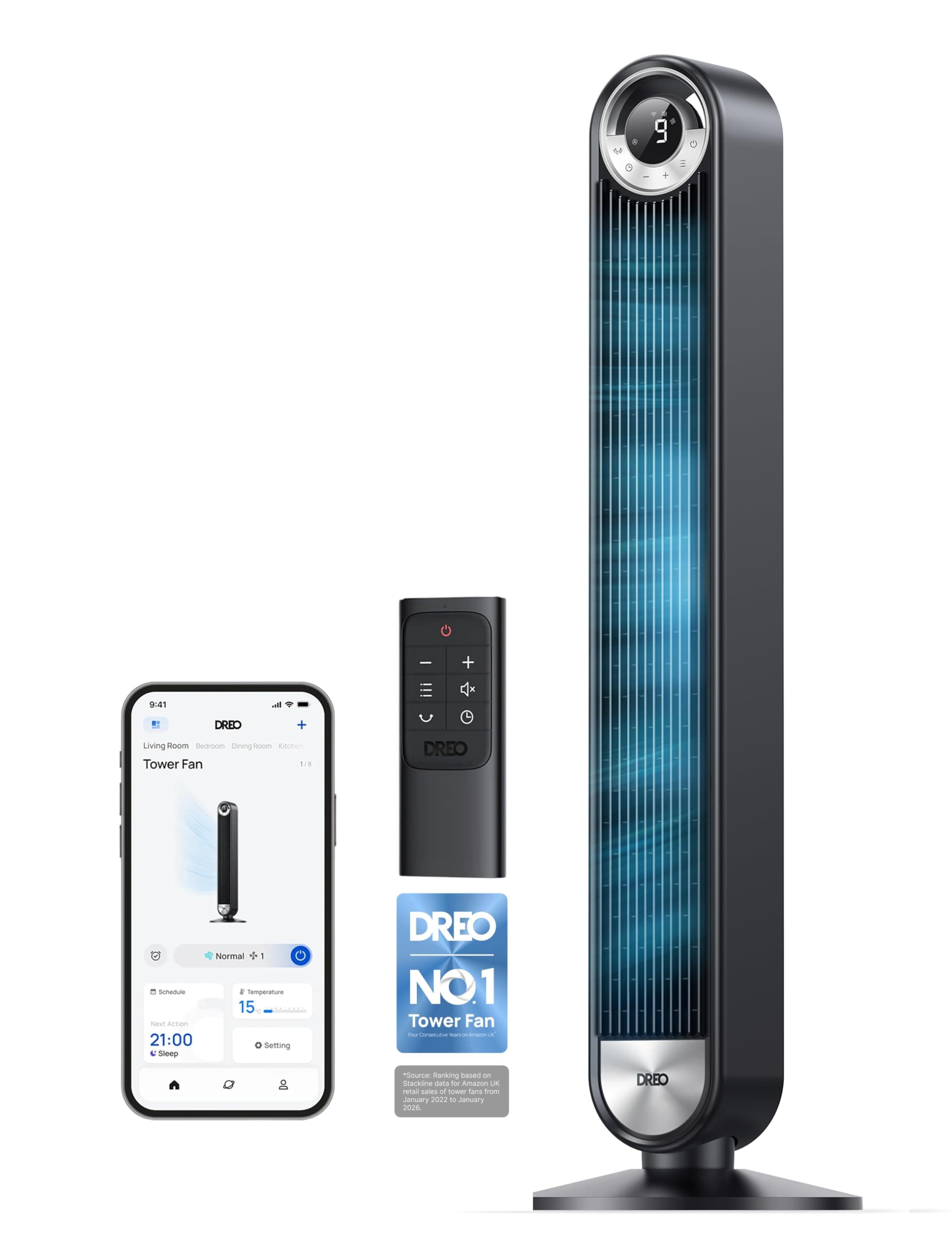 DREO 20dB Smart Silent Tower Fan, 8.5m/s Velocity Standing Fan for Bedroom, 9 Speeds 4 Modes, Upgraded DC Cooling Fans, 90° Oscillating Bladeless Electric Fans, 12H Timer, WiFi/Alexa/Remote Control