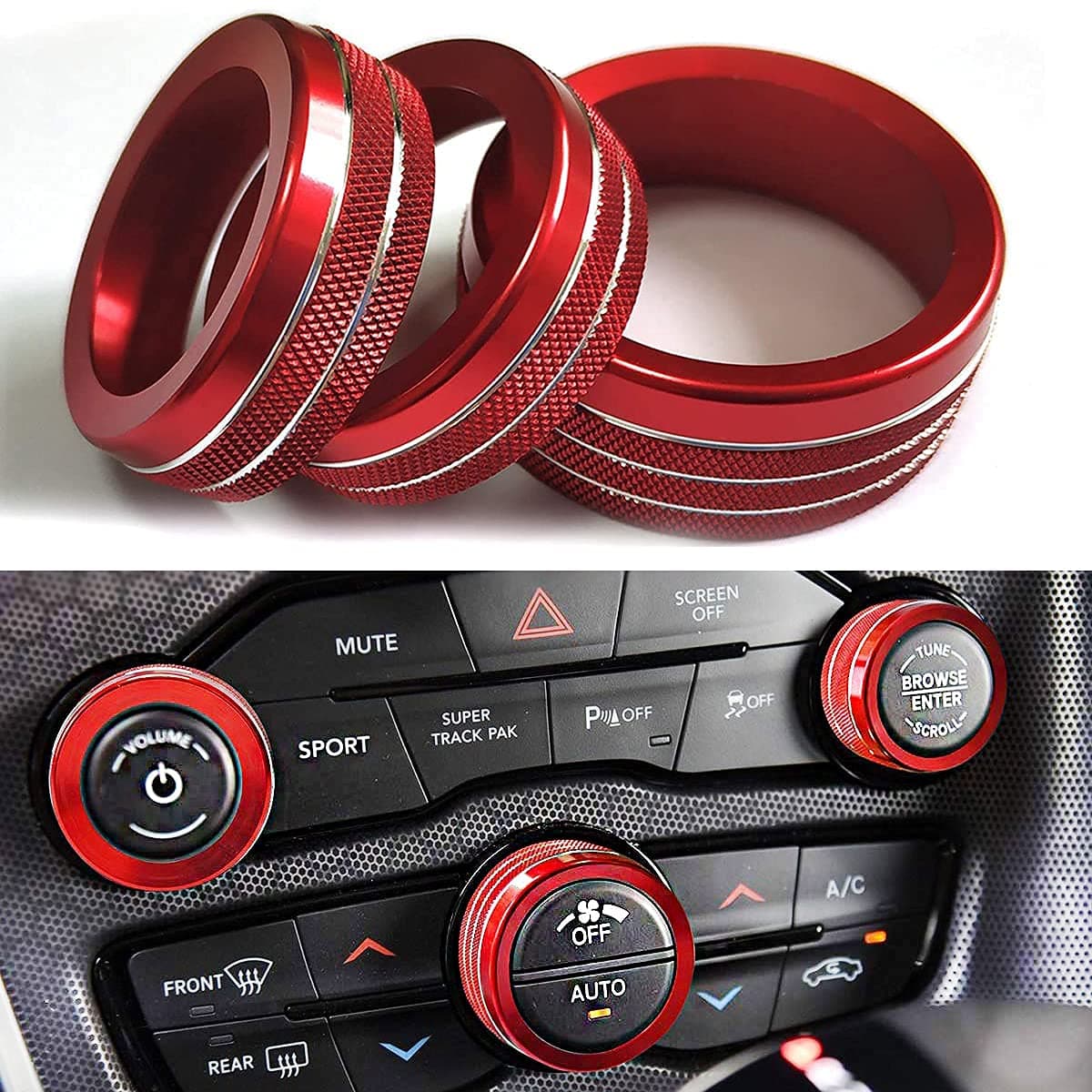 Auprite Climate Control Knob Covers for Challenger Accessories 2015-2022 2023, for Dodge Charger 2015-2022, for Dodge Chrysler 300/300s 2015-2023(3Pcs/Red)