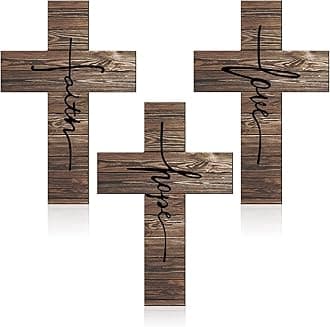 3 Pieces Faith Love Hope Cross Sign Wood Wall Hanging Cross Rustic Cross Wall Decor Vintage Cross Wall Art Religious Love Cross Wall Decor Farmhouse Home Hanging Decor, 12 x 8 Inch (Brown)