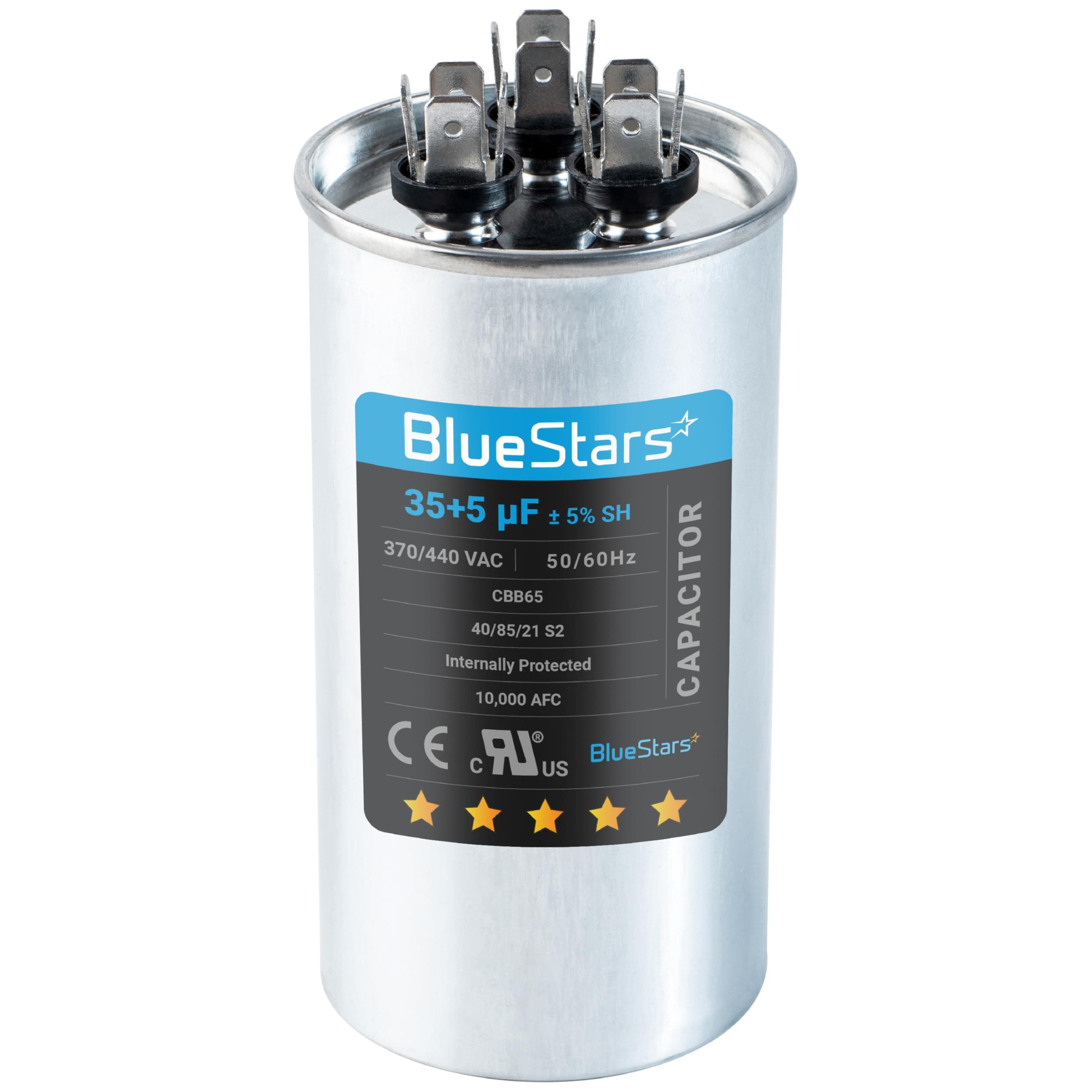 [UL Certified] BlueStars 35+5 uF 35/5 MFD 370-440VAC Dual Run Round Air Conditioner Capacitor - Fits AC Unit Fan Motor Start or Heat Pump or Condenser Straight Cool - Replaces 97F9834 Z97F9834