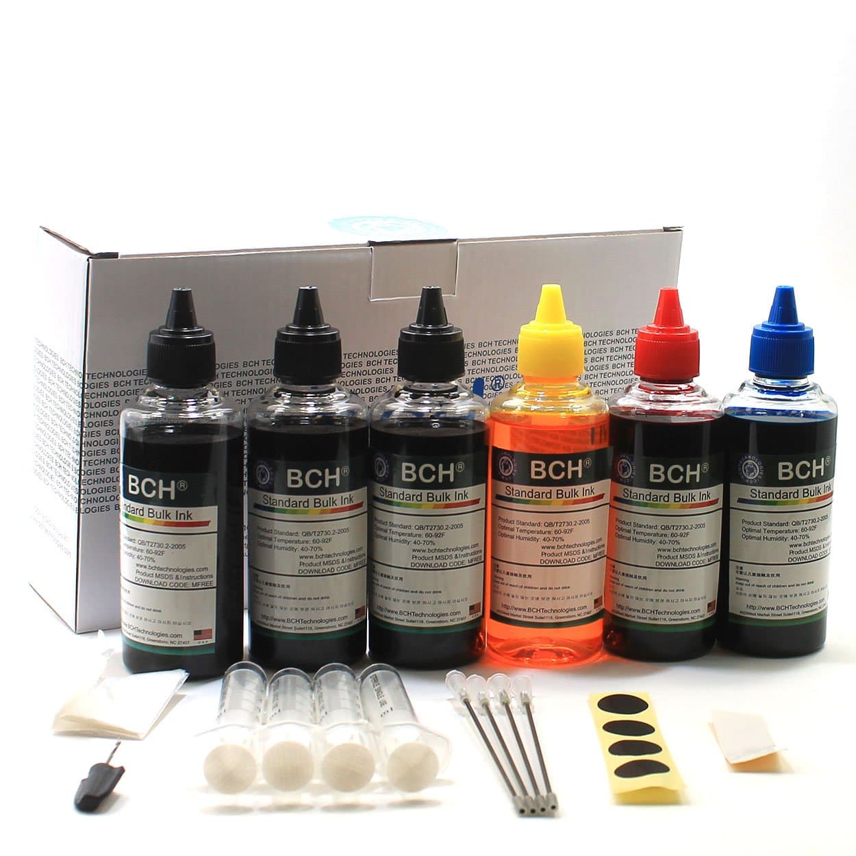 BCH Refill Ink for Inkjet Printer Cartridges Bulk 4-Color Kit with Color and Triple Blacks - H Series