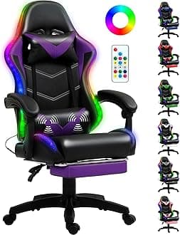 RGB LED Lights Gaming Chair with Footrest for Adults and Kids, Lumbar Support Massager Video Game Chair, High Back Reclining Gamer Chair with Headrest, Swivel Office Computer Desk Chair(Purple)