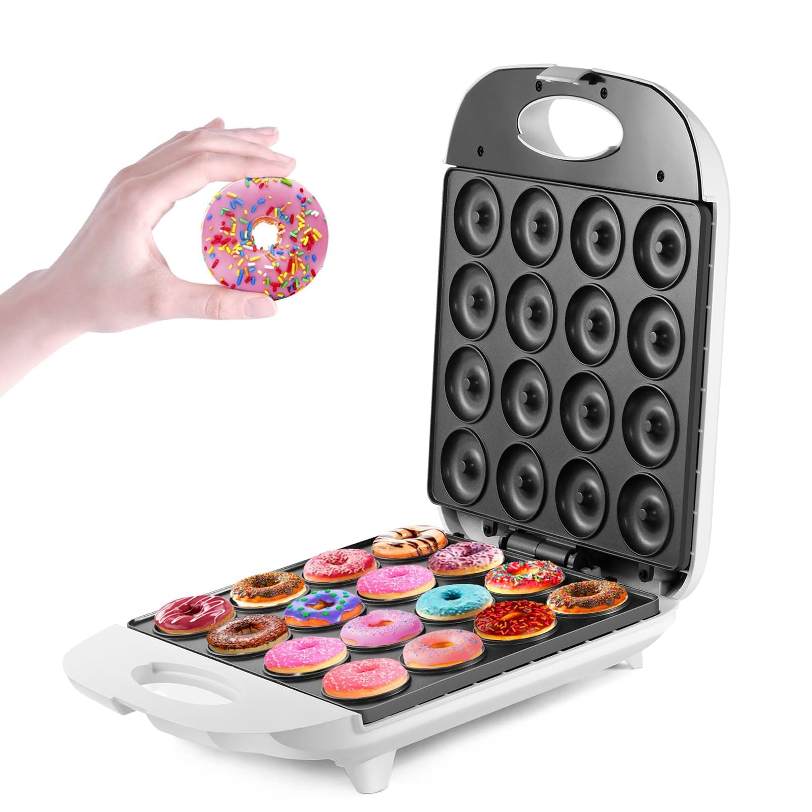 PtaTt Mini Donut Maker, 16 Holes Electric Doughnuts Maker Machine, Mini Pancake Maker for Kid-Friendly Breakfast, Snacks, Desserts & More with Non-stick Surface, Double-sided Heating
