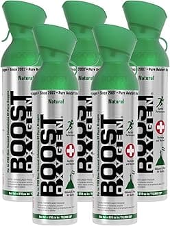 Boost Oxygen Canned 10 Liter Natural Oxygen Inhaler Canister Bottle for High Altitudes, Athletes, and More, Flavorless (5 Pack)
