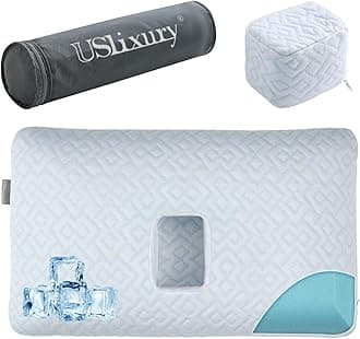 USlixury Ear Piercing Pillow with Foam Plug - Ear Pillow with Off Center and 5.1"X3.2" Ear Hole, Soft CertiPUR-US Memory Foam, Cooling Piercing Pilow for Side Sleepers, Blue, 22"X13"X4''