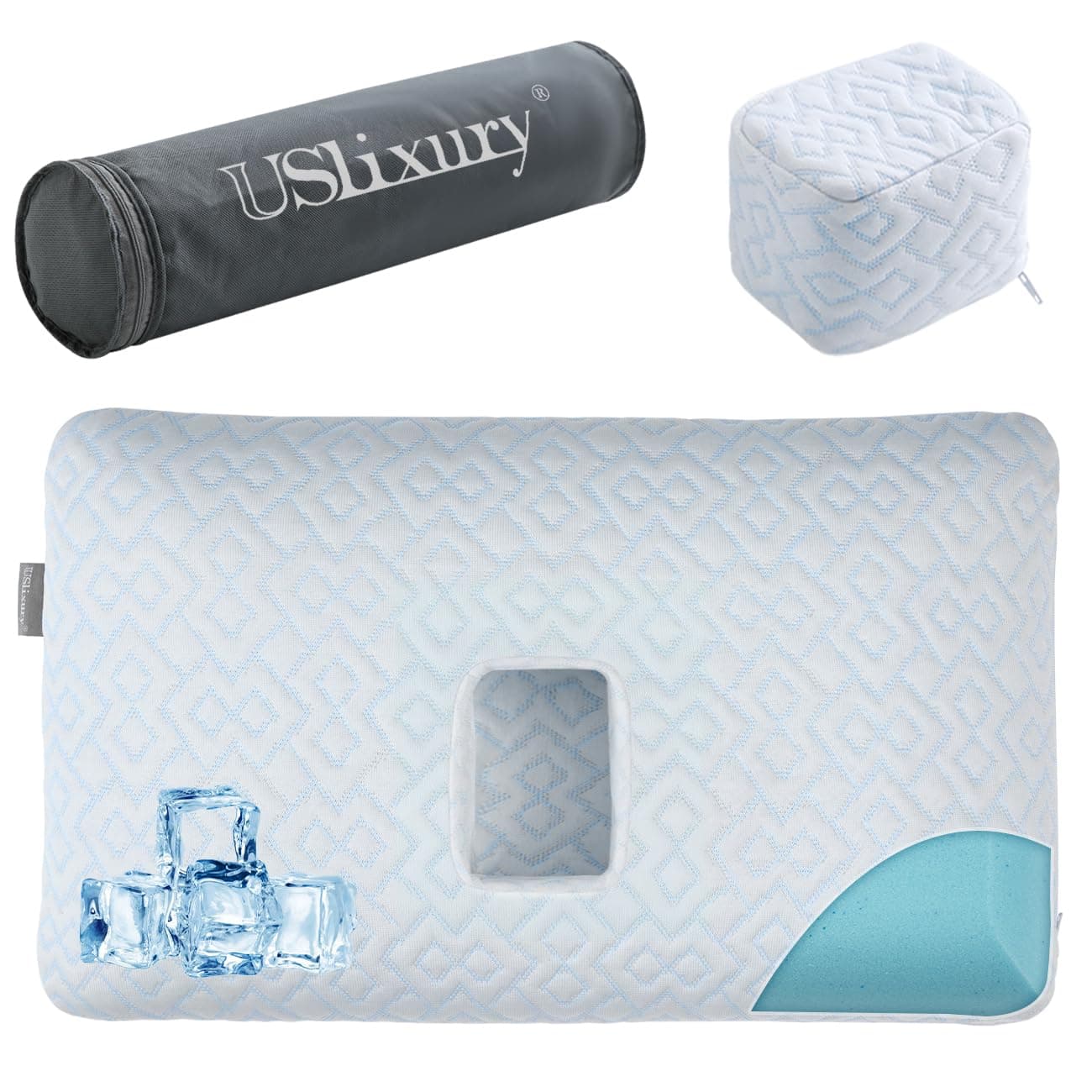 USlixury Piercing Pillow - Ear Piercing Pillow with Foam Plug, 4''H Ear Pillow with 5.1*3.2 and Off Center Ear Hole, Soft CertiPUR-US Memory Foam Piercing Pillow for Side Sleepers, Cooling Ear Pillow