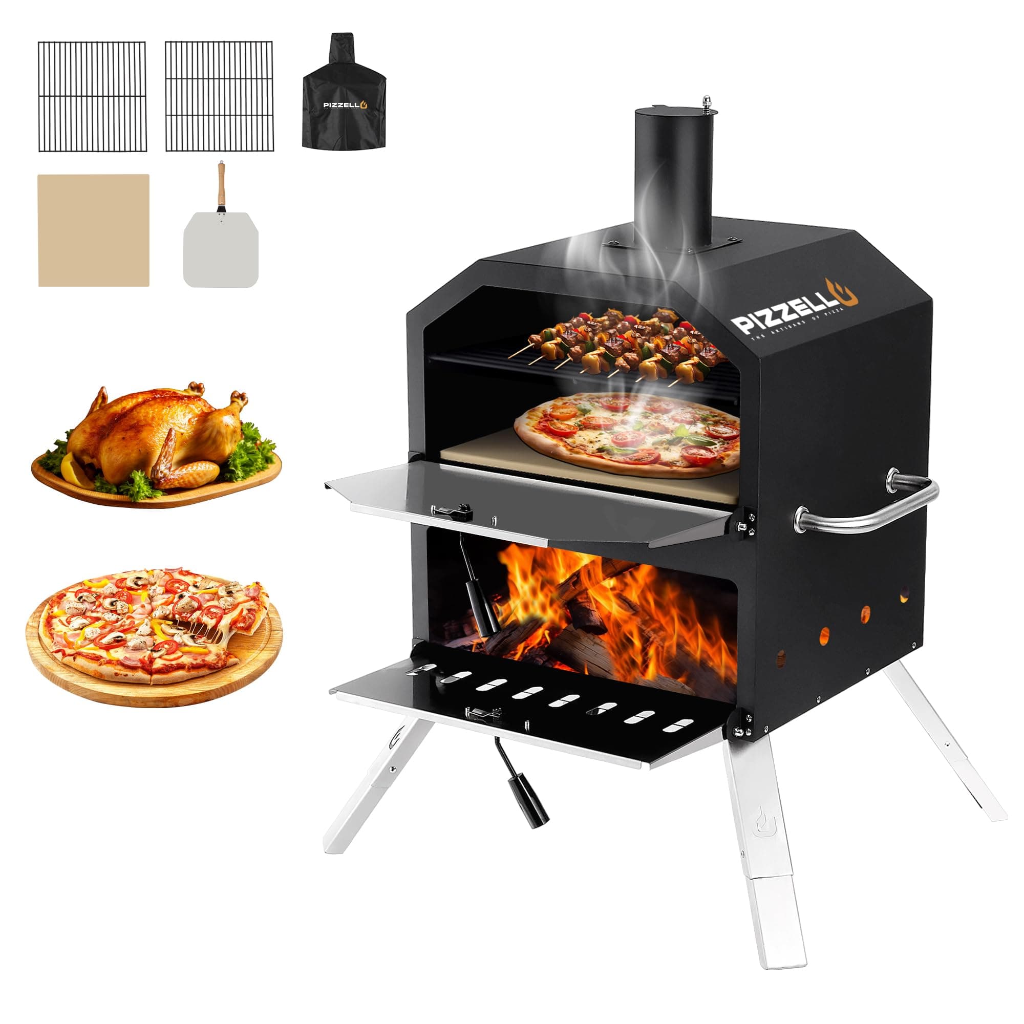 Pizzello Outdoor Pizza Oven 16" Large Wood Fired 2-Layer Pizza Ovens with Pizza Stone, Pizza Peel, Grill Grate, Oven Cover, Outside Pizza Maker for Camping Backyard BBQ, Pizzello Grande