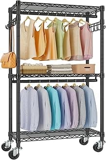 R2 Medium Rolling Clothes Rack Heavy Duty Clothing Rack for Hanging Clothes Adjustable Metal Wire Shelving Portable Closet with Wheels Side Hooks, Freestanding Closet Wardrobe, Black