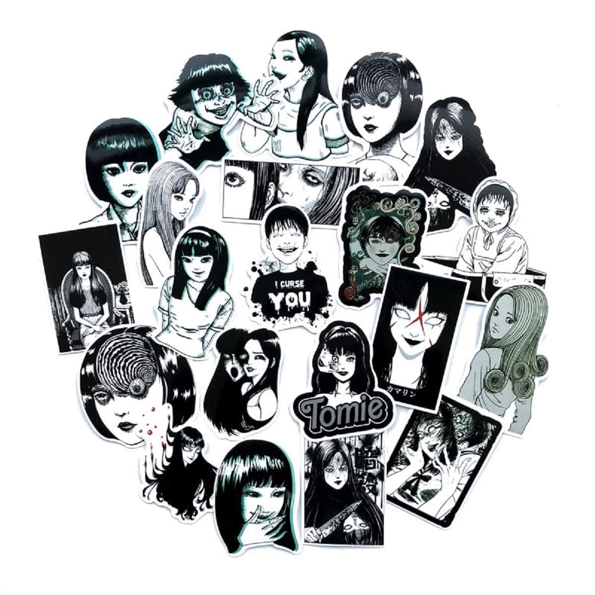21PCS Tomie Comic Print Black and White Thriller Horror Style Toy Sticker for Water Bottle Skateboard Luggage Trolley Laptop Doodle Cool Sticker