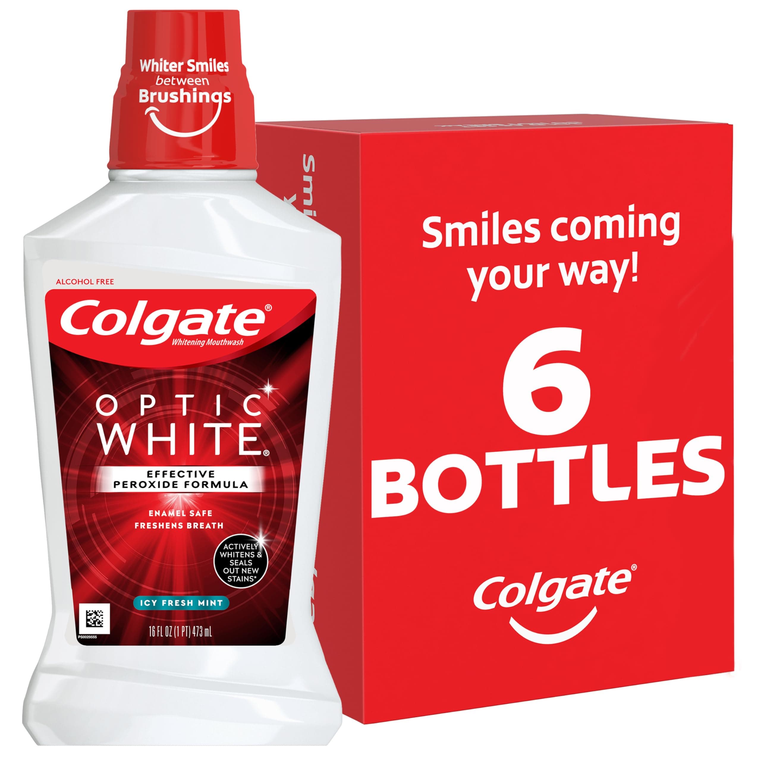 Colgate Optic White Whitening Mouthwash, 2% Hydrogen Peroxide, Fresh Mint, 16.9 Ounce, 6 Pack