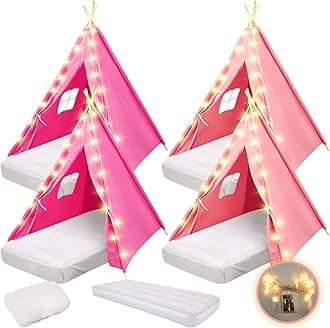 4 Set Kids Teepee Tent Bulk with Light String & Inflatable Airbed & Bedding Fitted Sheet, Natural Cotton Toddler Play Tent Washable Foldable Tent for Girls Boys Indoor Outdoor (Pink, Rose Red)