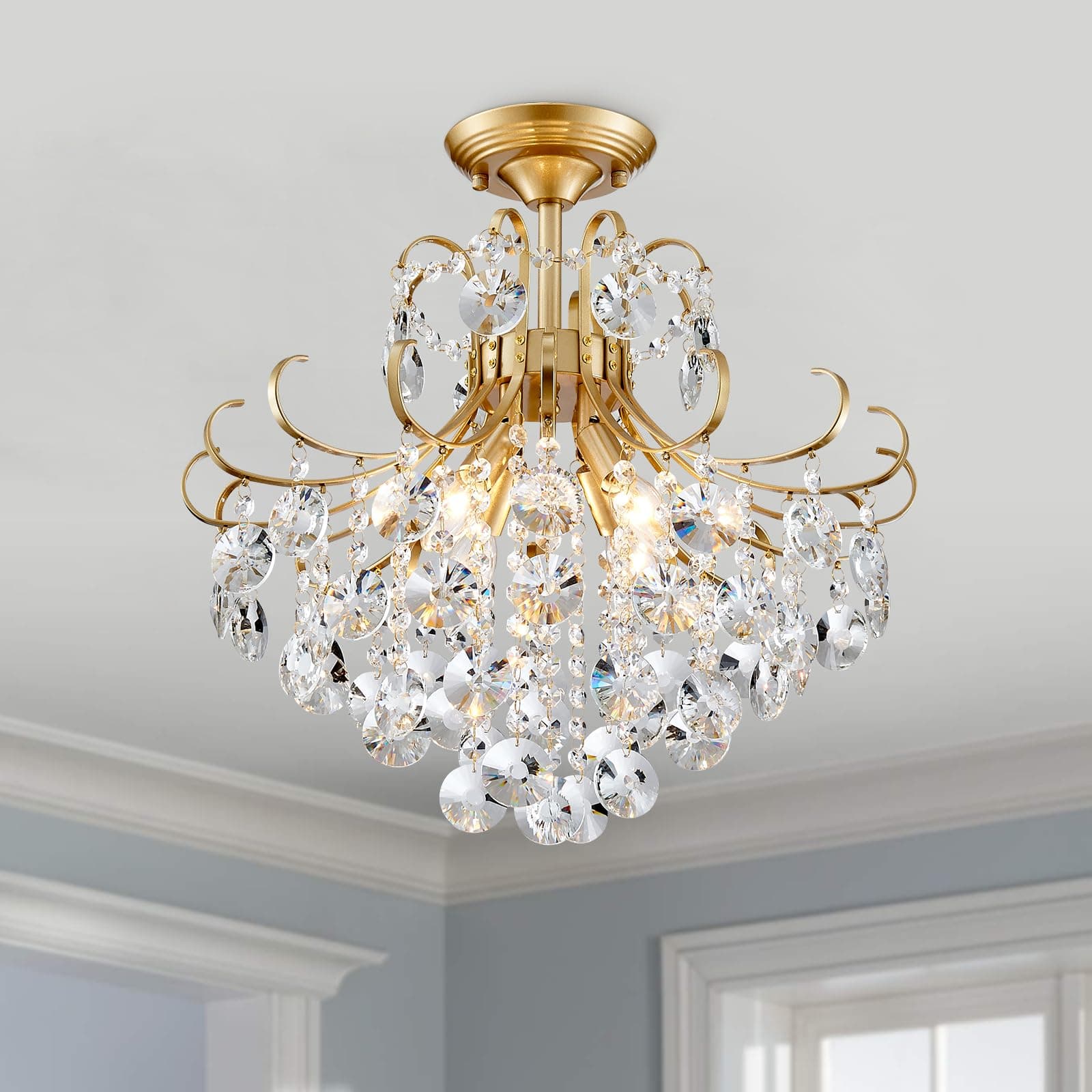 Gold Crystal Chandelier Ceiling Light, Luxury Crystal Semi Flush Mount Ceiling Lighting Fixture for Dining Room Bedroom Hallway Bar Kitchen, H 17.7'' x W 18.1''