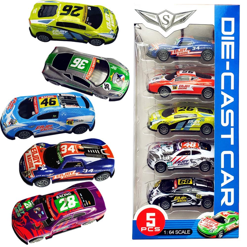 Pull Back Racing Cars Die cast Race Car Vehicles,3 Inch Metal Friction Powered Car Toys for Toddlers, Set of 5 (Racing Cars)
