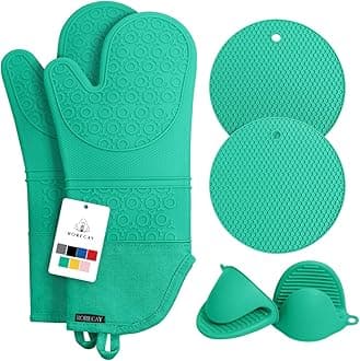 Rorecay 6pcs Oven Mitts and Pot Holders Sets Heat Resistant 500 Degrees, Non-Slip Silicone Hot Pads Potholders for Kitchen Baking Cooking, Extra Long Oven Gloves Quilted Liner, Jungle