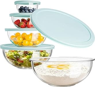 Glass Mixing Bowl with Lids Set of 5(0.2QT, 0.5QT, 1.1QT, 2.1QT, 3.75 QT), Space-Saving Nesting Bowls Anti-slip Salad Bowls for Storage, Cooking, Microwave,Freezer,Oven and Dishwasher Safe
