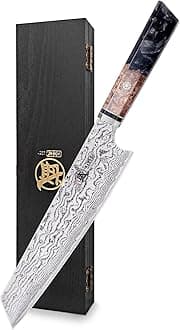 MITSUMOTO SAKARI Japanese Chef Knife, 8 inch Professional Hand Forged Cooking Knife, AUS-10 Premium Damascus Steel Kitchen Sashimi Knife (Shadowwood Pomegranate Handle & Sandalwood Box)