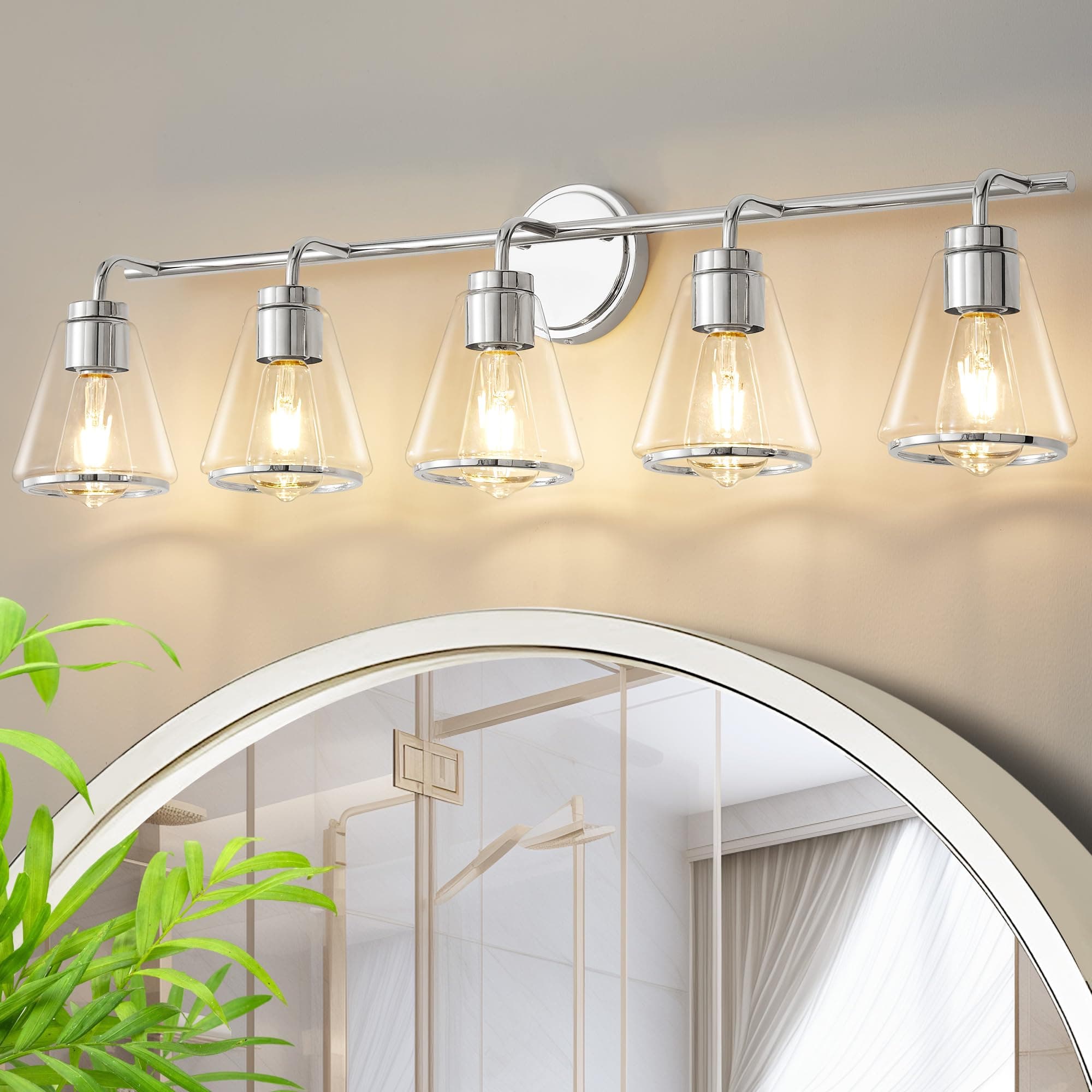 Bathroom Vanity Light 5 Lights Modern Vanity Lighting Fixture for Bathroom 38.5" Large Vanity Lights with Clear Glass Shade Polished Nickel Bath-Room Lighting Fixtures Over Mirror Wall Sconces